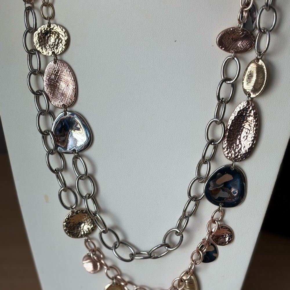Gold and Silver Tone Double-Strand Necklace with Faux Pearl Accents